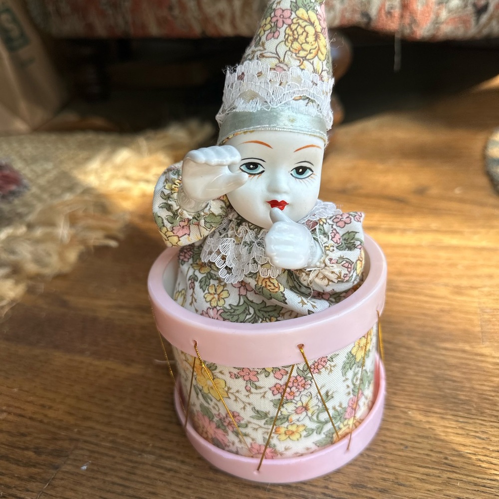 Vintage Floral Porcelain Clown Doll in Pink Drum music box